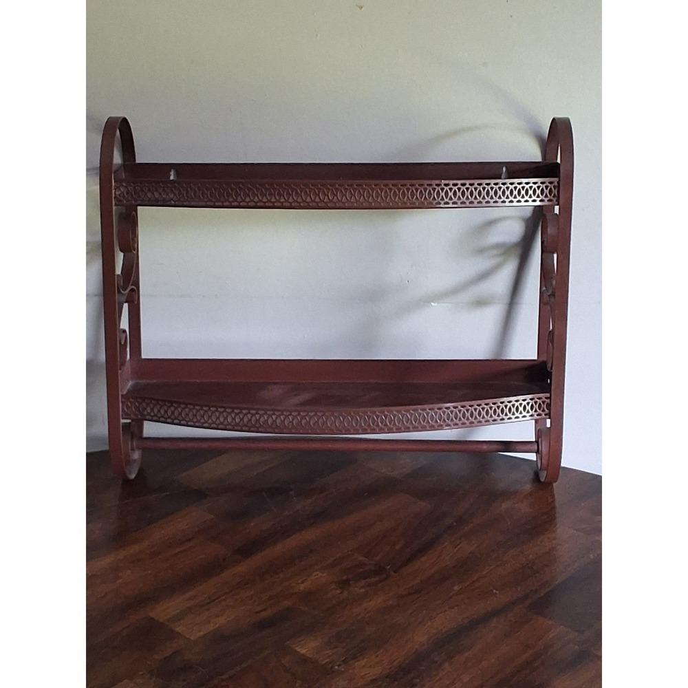 Vintage Brown Metal Wall Shelf 2 Tier Bathroom Organizer with Towel Bar Scroll